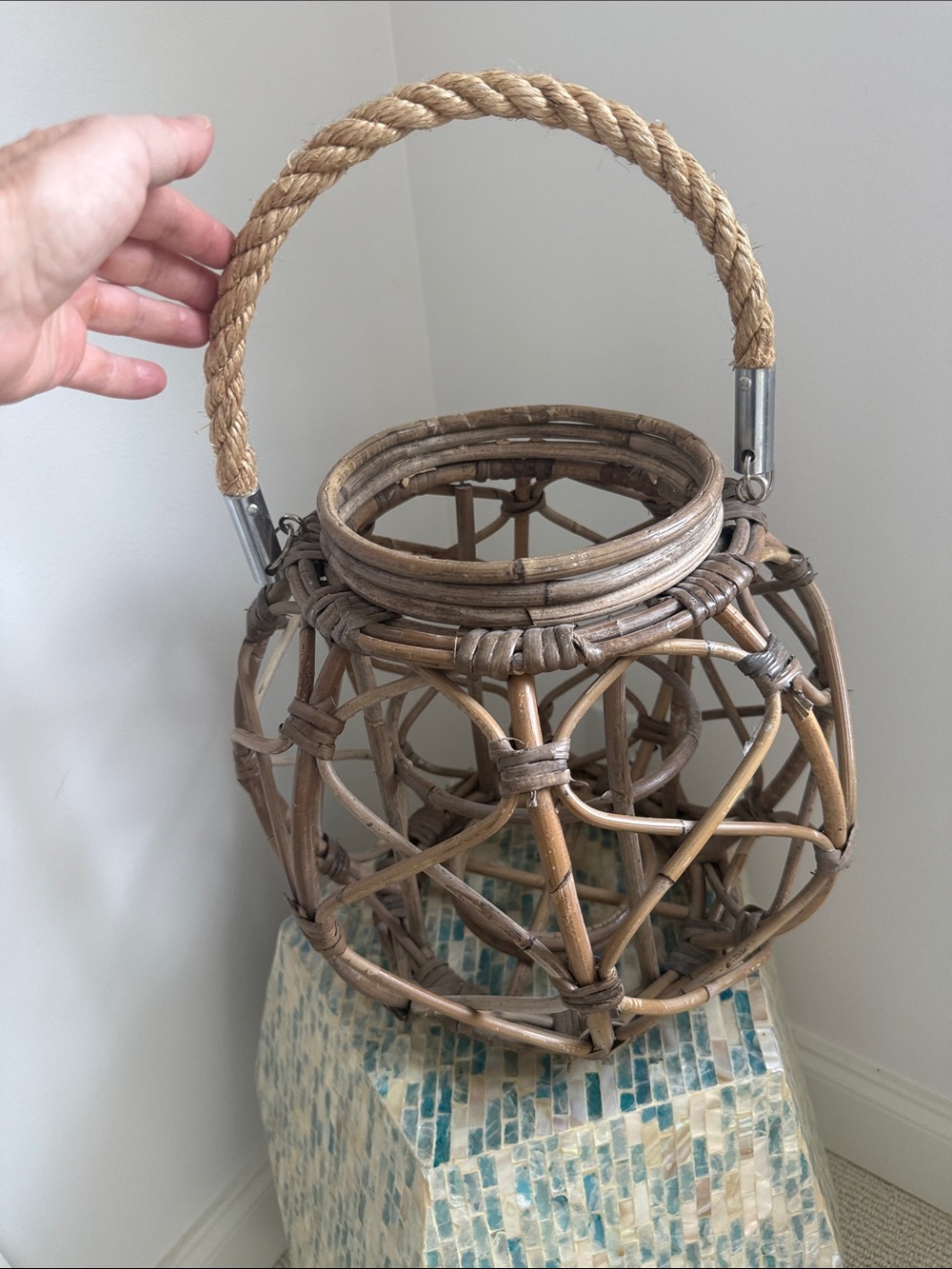 Woven Rattan Lantern with Rope Handle - Natural Brown